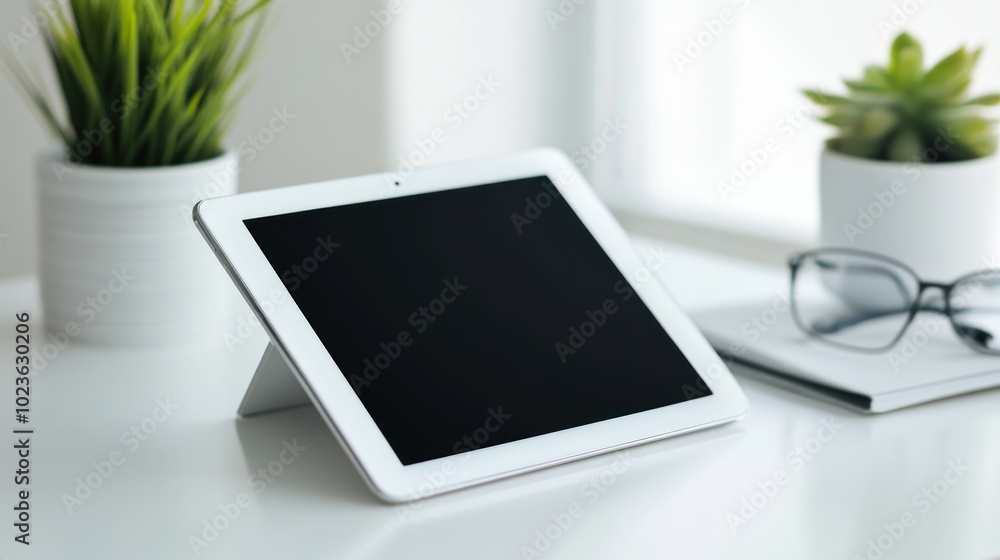Aufkleber A White Tablet Computer Resting on a White Surface with a Blurred Background