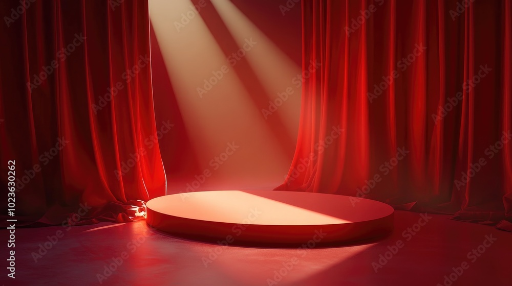 Poster 3D podium with red background and fabric curtain illuminated by spotlight in a luxurious setting