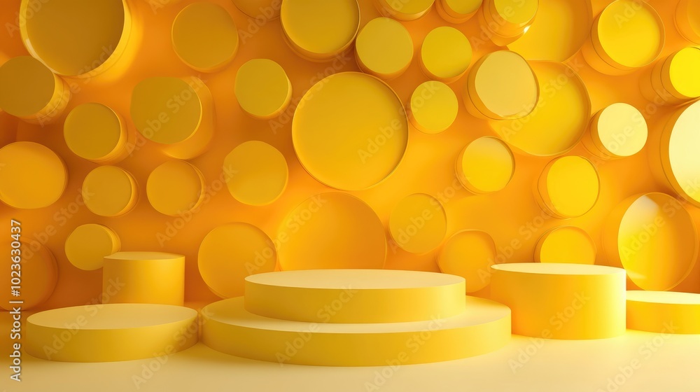 Poster 3D rendering background featuring a podium with yellow circles