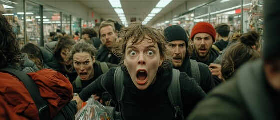 Claustrophobic Panic in Retail Store Tense Close-Up of Fear-Stricken Woman in Red, Cinematic Suspense Concept, Thriller Scene