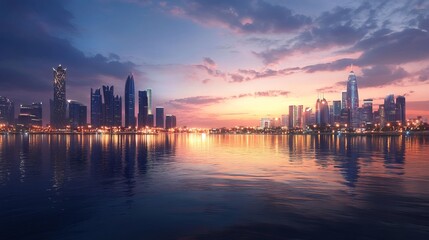 Fototapeta premium View of glittering high-rise buildings from the sea horizon.
