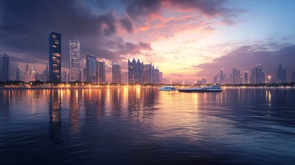 Fototapeta premium View of glittering high-rise buildings from the sea horizon.