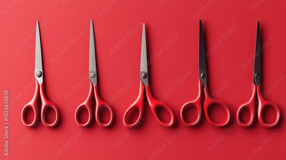 Aufkleber 3d illustration of scissors arranged flat on a vibrant red backdrop