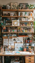 Creative Studio Space with Wooden Shelving and Art Supplies