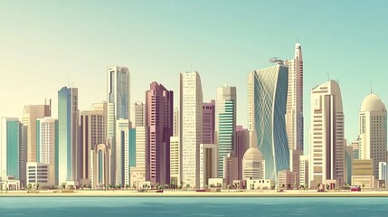 Naklejka premium View from the sea of ​​​​illuminated skyscrapers and the city skyline.