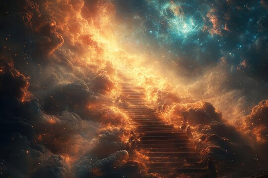 stairway ascending into heavenly glory bathed in radiant light with ornate gates symbolizing paradise inviting viewers to reflect on spiritual connections and divine encounters