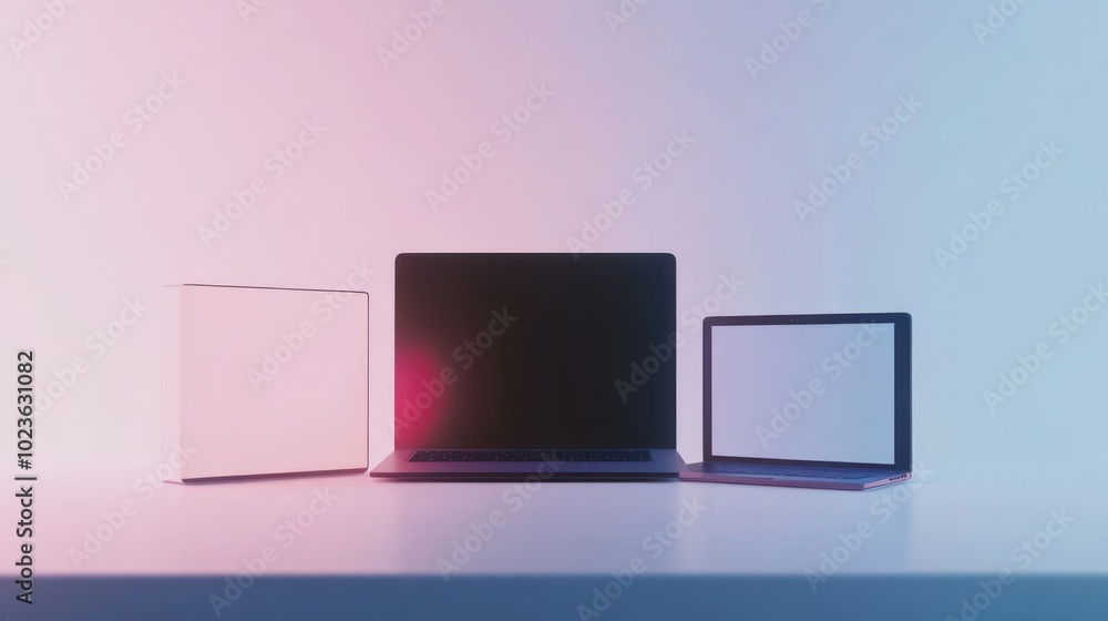 Poster Two Laptops and a White Box on a Table with a Purple Gradient Background