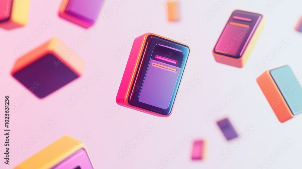 Poster multicolored rectangular objects floating in pink background