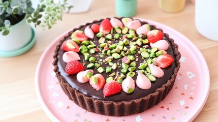 Chocolate Cake Topped with Pistachio Nuts
