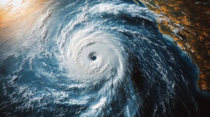 A powerful hurricane forms over the ocean, seen from space. The storm is characterized by a swirling vortex of clouds, with a calm eye in the center.
