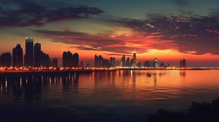 Fototapeta premium Panoramic view of the city from the sea horizon, with shining skyscrapers.