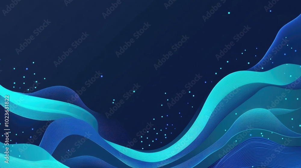 Poster abstract background banner with dark blue teal and blue flowing lines for biotechnology quantum comp
