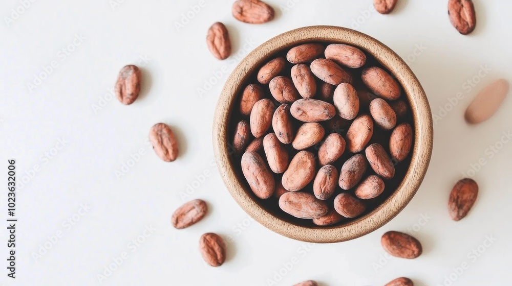 Poster bowl of aromatic cocoa beans and chocolate on a white background close up