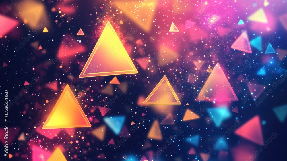 Poster colorful background with neon triangles glowing lines and stars gaming cosmos fantasy vibes backgrou
