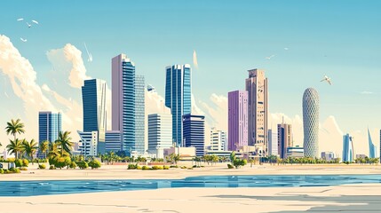 Fototapeta premium View of the city skyscrapers, glittering at night, from the sea side.