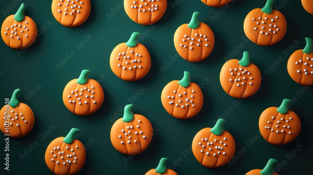 Poster 3d illustration of decorated pumpkin cookies on a dark background arranged in a flat lay style