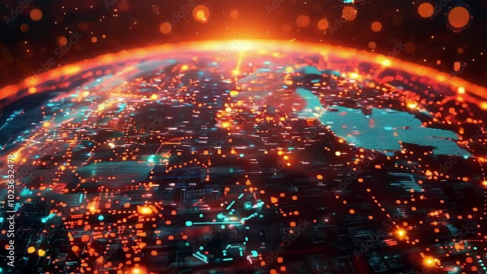 Poster abstract digital planet earth with glowing details representing global network and data connections 