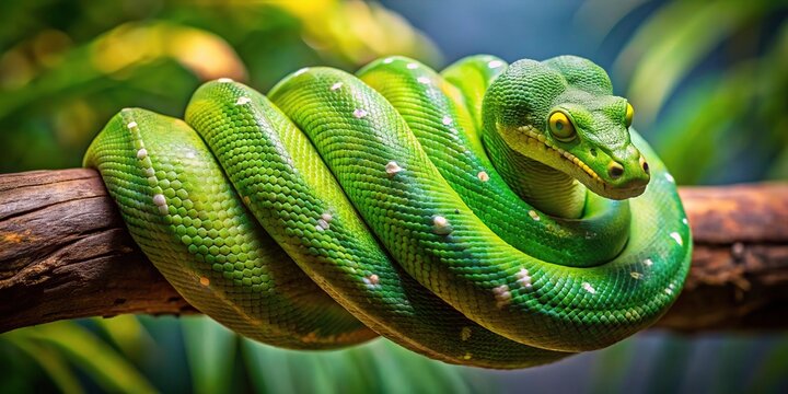 Green tree python coiled on tree branch in wide-angle shot