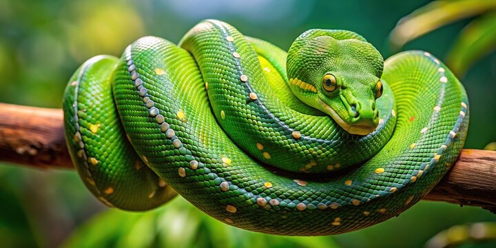 Green tree python coiled on tree branch