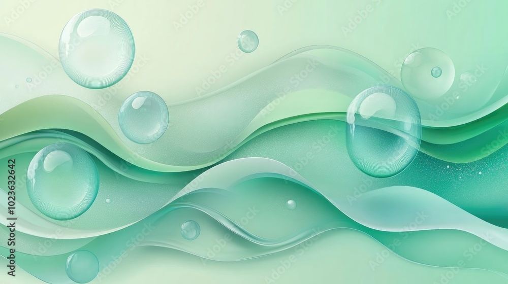 Poster Abstract green and azure wallpaper featuring 3D effects with transparent bubbles in varying sizes set against a backdrop of flowing overlapping wavy shapes Vector illustration