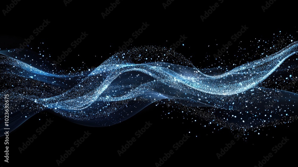 Poster abstract blue and white paint flowing trails on black background with particles as futuristic techno