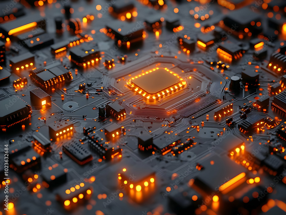 Poster extreme close-up of flat nano circuitry: pulsing energy in microscopic circuits, innovative patterns
