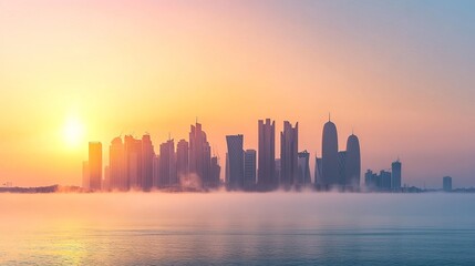 Obraz premium Hot horizon: city, sea and the glow of skyscrapers