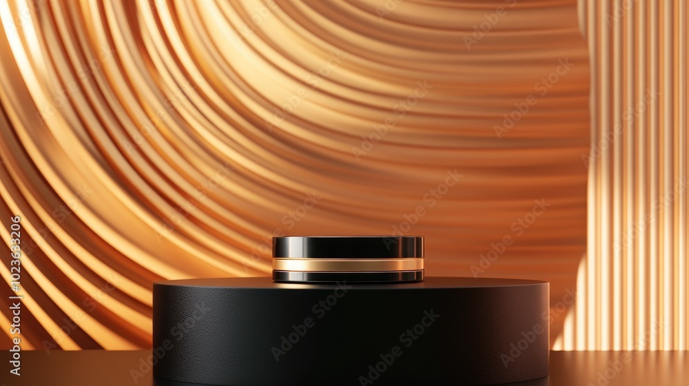 Poster 3d abstract studio space featuring a pedestal podium black geometric platform accented with golden c