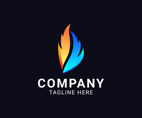 Abstract colorful feather vector logo icon design with gradient orange and blue flame concept.