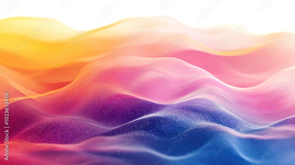 Poster Colorful minimalistic background with a geometric motion pattern featuring rippling waves of numerous particle rows