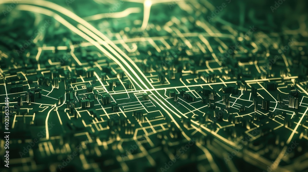 Poster Abstract map of streets created with white lines against a green background illuminated by two light sources Aerial perspective 3D render illustration