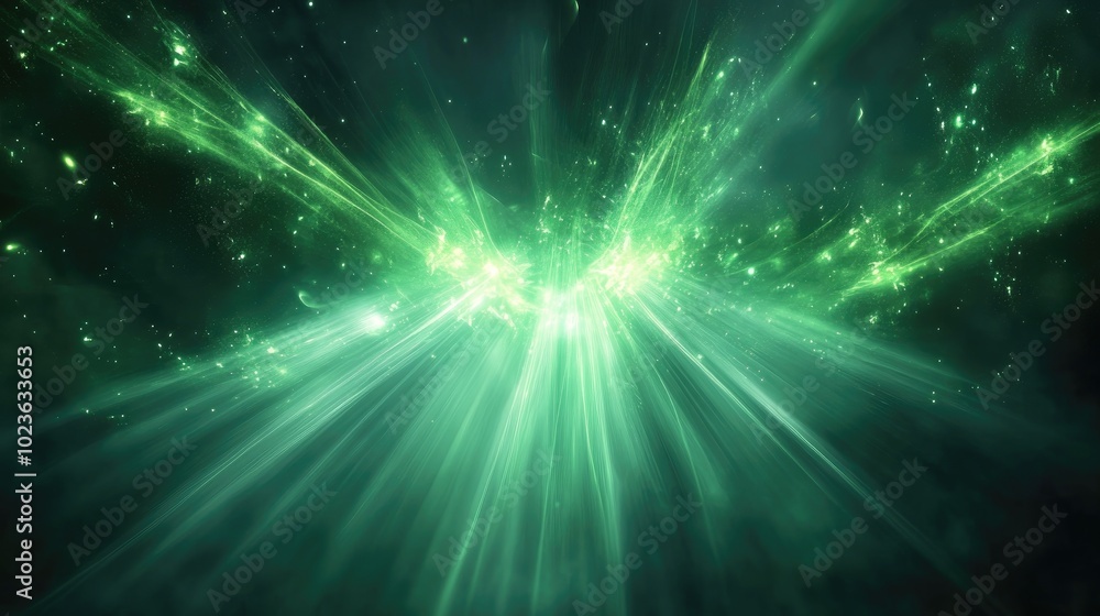 Poster Abstract green fractal background featuring luminous rays of light