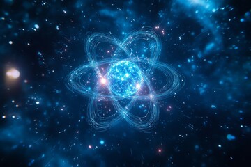 Obraz premium An abstract design of an atom floating in a vibrant blue cosmos. The image illustrates science and technology. Perfect for educational or futuristic themes. Generative AI