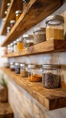 Wooden Shelves Lined with Jars of Various Spices