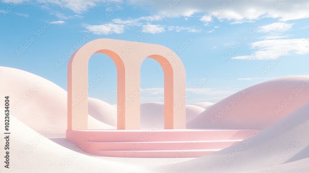 Poster 3D rendering of an abstract surreal pastel landscape featuring arches and a podium for product display panoramic perspective vibrant dune scene with ample copy space blue sky with clouds minimalis