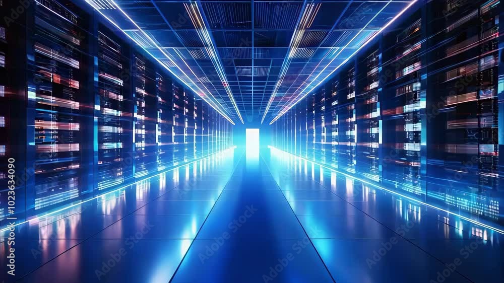 Aufkleber a futuristic server room with illuminated pathways leading to a bright exit, showcasing technology a