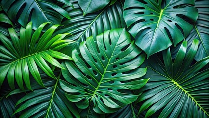 Green tropical leaves of Monstera fern and palm decoration Macro