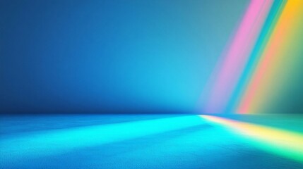 An intense beam of light shines on a blue background. The light bends in a refraction. The ray creates a prism-like effect, with colorful flares and overlays spreading across the background. 