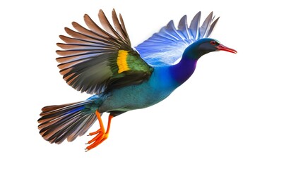 Obraz premium Purple Gallinule Bird Flying White Background, Photo Realistic, Pattern Background, Wallpaper, Cover and Screen for Smartphone, PC, Laptop, 9:16 and 16:9 Format
