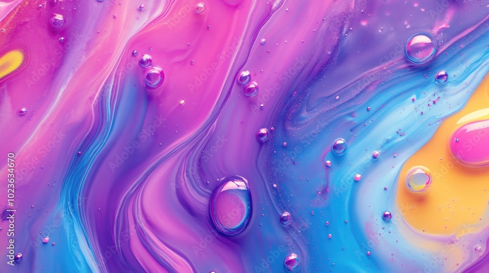 Poster abstract 3d render of iridescent neon painted chaotic liquid with bubbles modern wallpaper design be