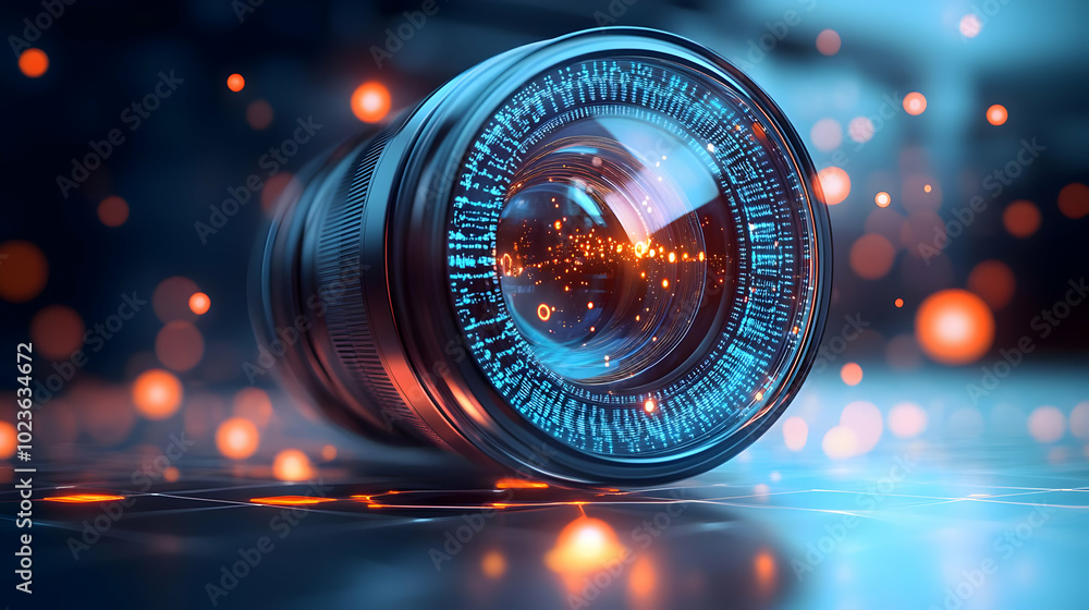 Poster 3d isolated ai camera lens icon with glowing growth symbols - vector design for tech and business in
