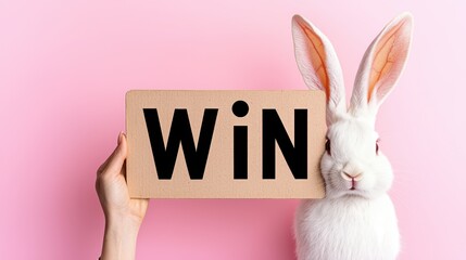 A cute rabbit holding a sign that reads 'WiN', against a pink background, symbolizing positivity and success.