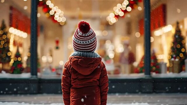 Little boy wearing a santa hat is gazing upat a storefront decorated for christmas as snow falls on a winter evening. Happy New Year and Merry Christmas! Banner