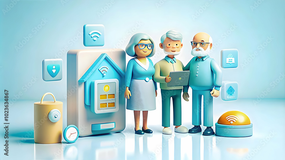 Poster elderly couple effortlessly managing smart home system in glossy background with copy space for mode