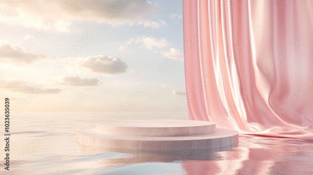 Aufkleber 3D render of an abstract platform podium on water with flowing curtains Realistic pastel mock up for product promotion Modern minimal background featuring an empty podium