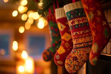 Colorful Christmas Stockings hanging by the warm glow of the Fire. Holiday stocks with gifts and decoration over cozy fireplace, for spreading Christmas cheer. Traditional Xmas celebration concept