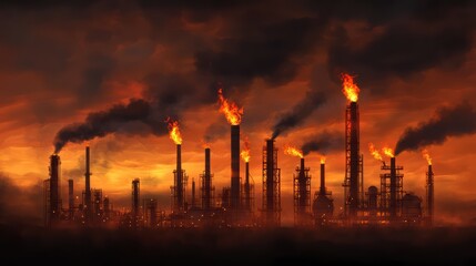 A dramatic industrial landscape featuring factories with flames and heavy smoke, showcasing the impact of industry on the environment.