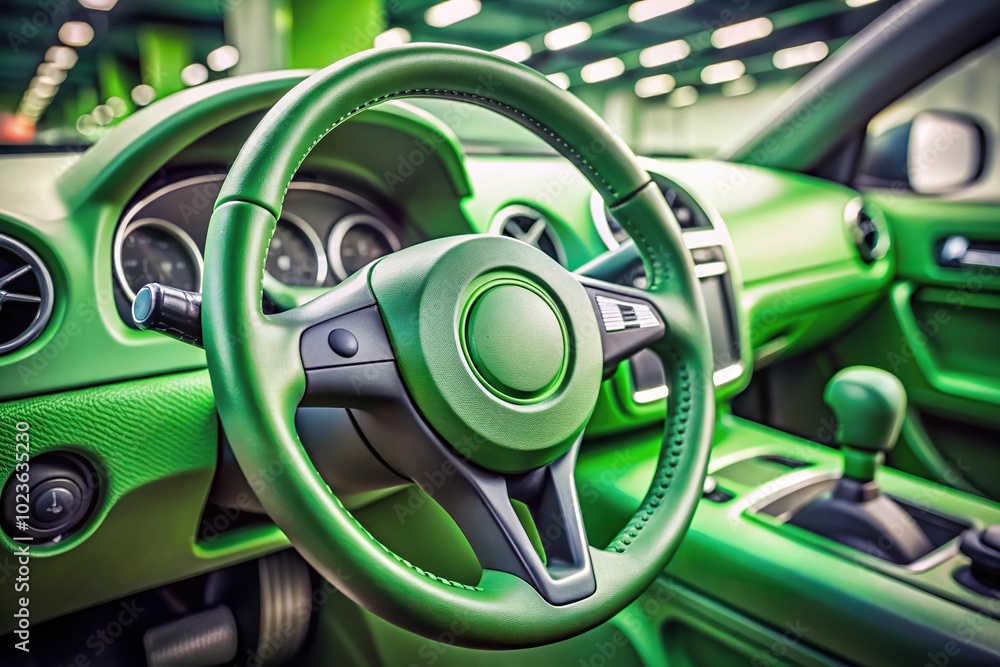 Wall mural green vehicle steering wheel surrounded by various others