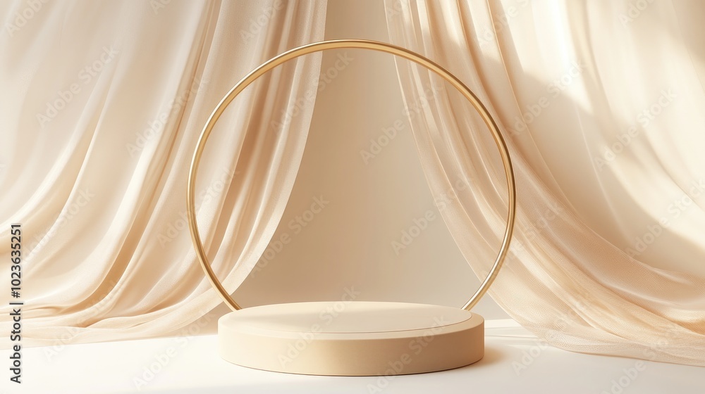 Poster 3d background featuring a beige podium for display mockup flowing silk fabric decorative gold arch f
