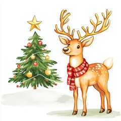 Fototapeta premium A festive reindeer wearing a scarf stands beside a decorated Christmas tree, perfect for holiday-themed designs.
